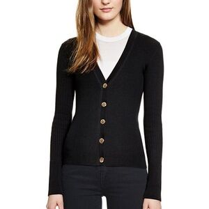 Tory Burch Shrunken Simon Merino Wool Gold Logo Button-Front Cardigan Size XS